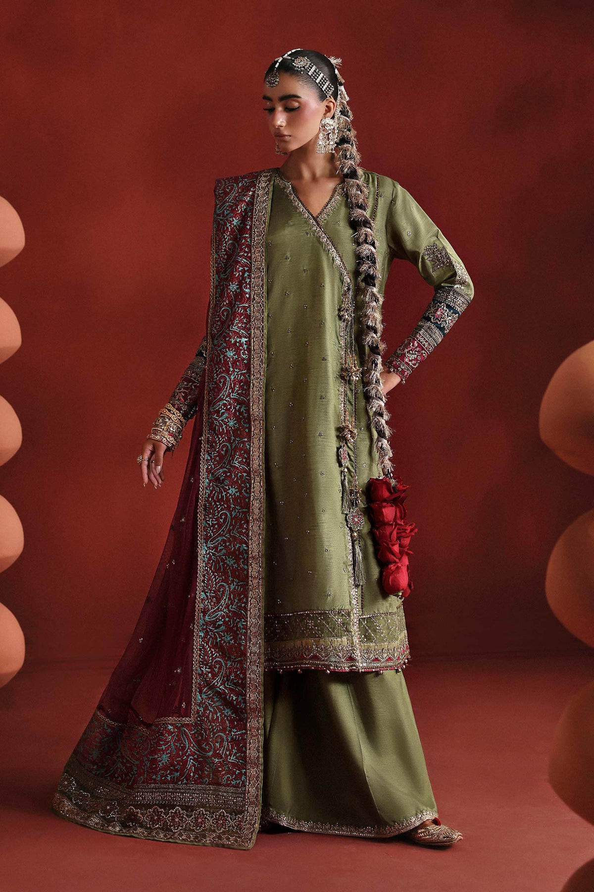 3 Piece Embroidered Raw Silk Suit